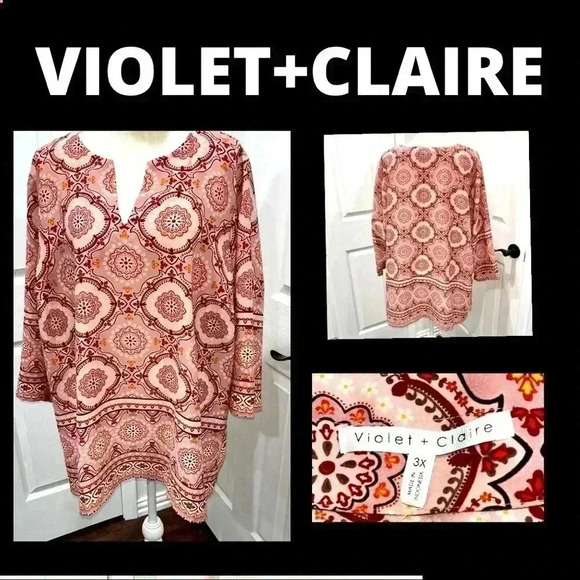 Violet + Claire Boho Print plus size Poly Tunic v- neck lightweight - Picture 1 of 11